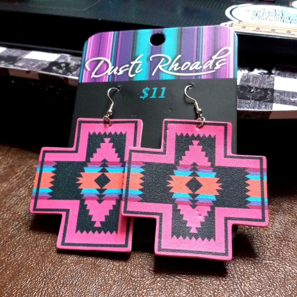 Pink Aztec Pleather Cross Earrings